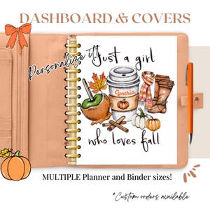 Portada de agenda otoñal: Diseño de café, botas y calabaza. Regalo de Navidad.