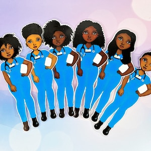 May include: A collection of six illustrated figures of nurses. Each figure is depicted in blue scrubs, a stethoscope, and a white notepad. The figures have varying hairstyles and skin tones. The overall design is cartoonish and friendly.