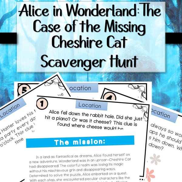 alice in wonderland escape room kids puzzles, scavenger hunt in house, printable party game, family game night, birthday treasure hunt