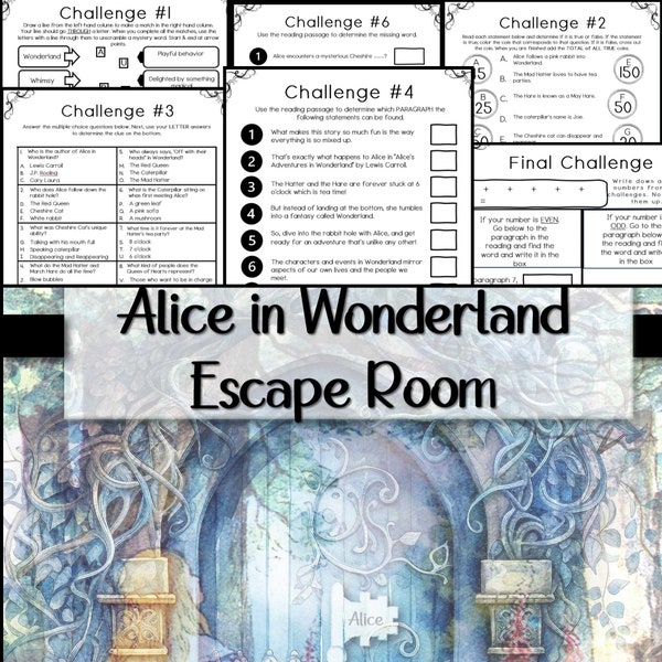 alice in wonderland escape room for kids puzzles, alice in wonderland game, printable party game, family game night, birthday party game