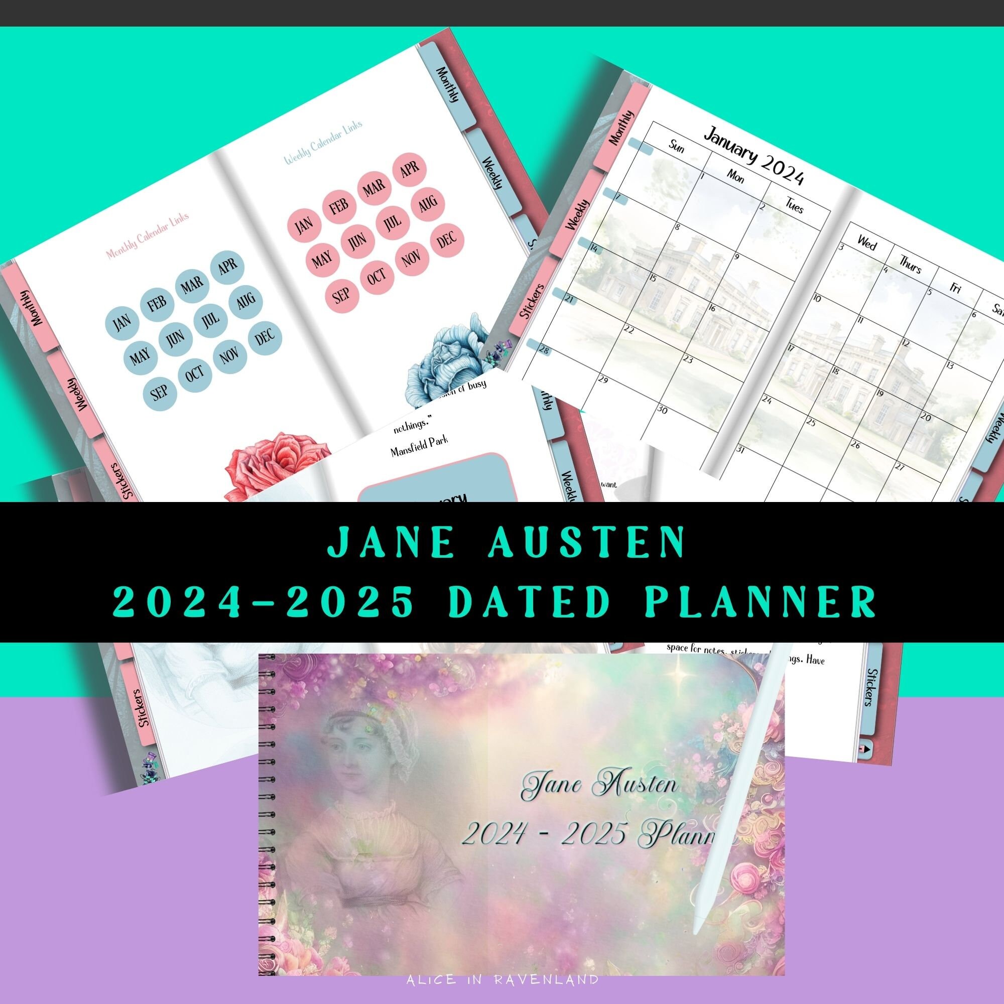 Jane Austen Calendar, Jane Austen Planner, Jane Austen Digital Planner, Planner Calendar 2024