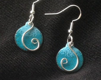 Circles and Swirls - Earrings, enamelled dangly earrings, gift for her, gift for teen, Sterling silver wire dangly earrings.