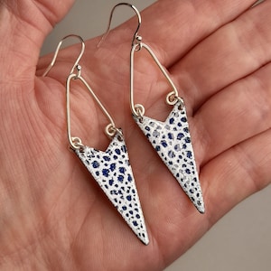 Enamel dangly earrings, Contemporary earrings, Geometric earrings, Blue and white earrings, Blue enamel earrings, Triangular earrings