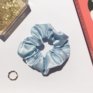satin blue scrunchie, light blue scrunchie, shiny scrunchie, satin scrunchy
