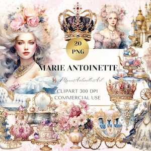 マリー・アントワネットの水彩画クリップアート、プリンセスのデジタル水彩画PNG、デジタル印刷可能、クリップアートバンドル