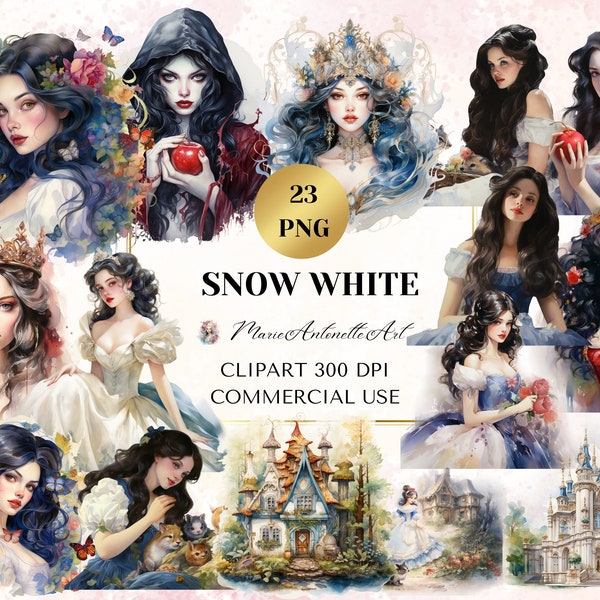 Snow White Watercolor Clipart, Digital Clipart Bundle, Fairy Tale Snow White, Princess Aurora Printable, Watercolor PNG