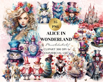 May include: A digital clipart set featuring 35 watercolour illustrations of characters and objects from Alice in Wonderland. The set includes Alice, the Mad Hatter, the Cheshire Cat, the Queen of Hearts, the White Rabbit, and more. The illustrations are in a whimsical style and are perfect for creating digital projects, such as invitations, cards, and scrapbook pages.