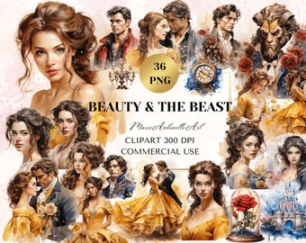 May include: Watercolor illustrations featuring characters and scenes from Beauty and the Beast. The images include portraits of Belle and the Beast, romantic couples, and a rose in a glass dome. Text includes "Beauty & The Beast".
