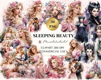 Sleeping Beauty Watercolor ClipArt, Digital Clipart Bundle, Fairy Tale Princess, Fantasy Bundle, Digital Watercolor PNG