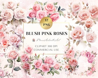 Op de afbeelding: Een set van 12 roze aquarelroos clipart-afbeeldingen, perfect om een ​​toets van elegantie aan je ontwerpen toe te voegen. De rozen bevinden zich in verschillende bloeistadia, sommige zijn volledig open en andere nog in de knop. De afbeeldingen zijn van hoge resolutie (300 DPI) en kunnen voor commerciële doeleinden worden gebruikt.