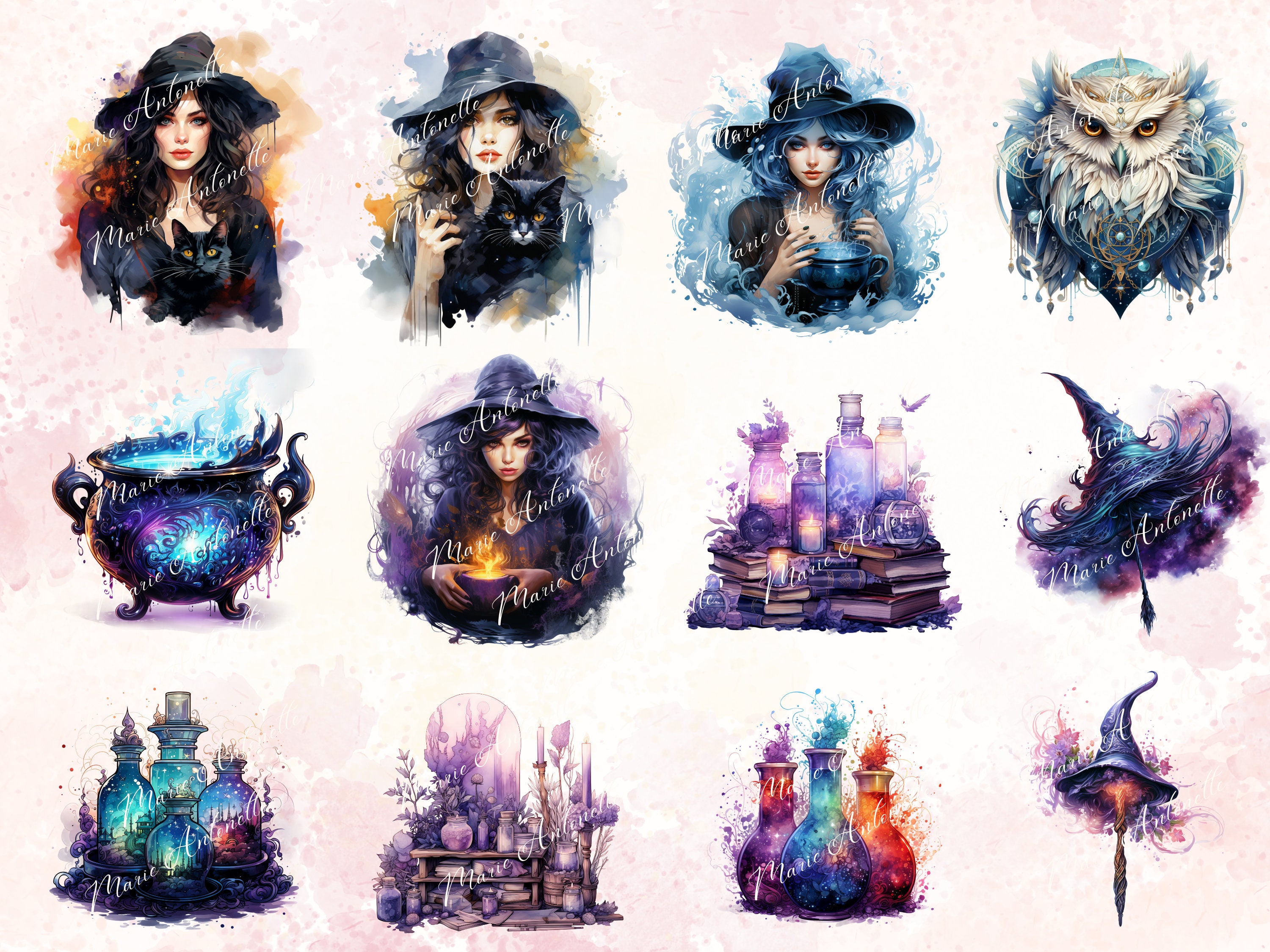 Witches Watercolor Clipart, Digital Clipart Bundle, Witch Bundle PNG ...