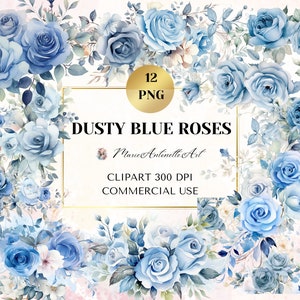 Clipart aquarelle roses bleus poussiéreux, cadres floraux, lot de cliparts numériques, invitations florales de mariage, bordures de feuillage