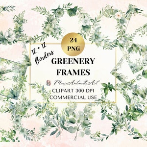 Greenery Frames Watercolor Borders, Foliage Clipart, Wedding Clipart, Floral Frames, Leaves Border, Digital Bundle