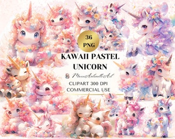 Kawaii Pastell Einhorn Aquarell Clipart Bundle, süßes Einhorn PNG, digitale Clipart Bundle, Baby Kinderzimmer Dekor