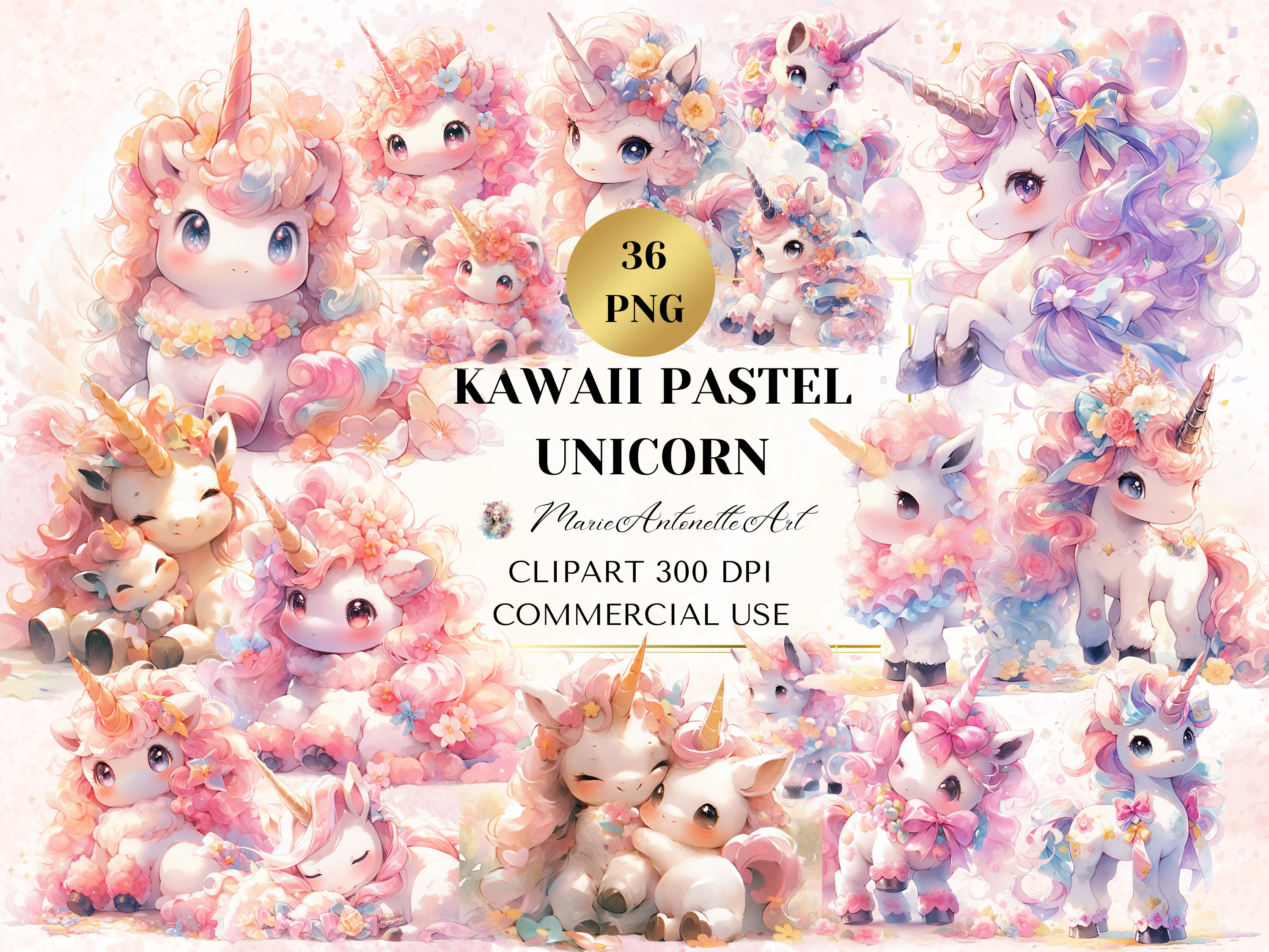 Kawaii Pastel Unicorn Watercolor Clipart Bundle, Cute Unicorn PNG ...