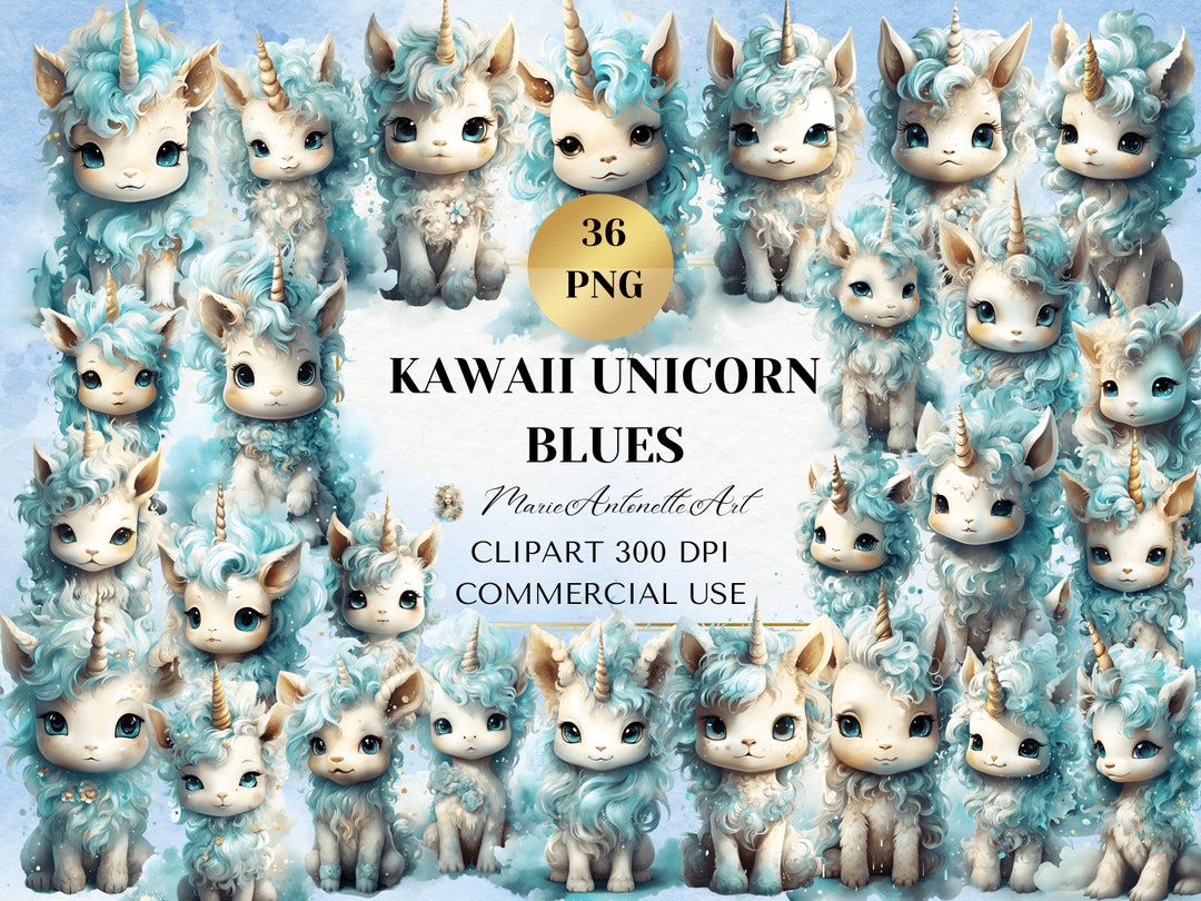 Kawaii Unicorn Blues Watercolor Clipart Bundle, Cute Unicorn PNG ...