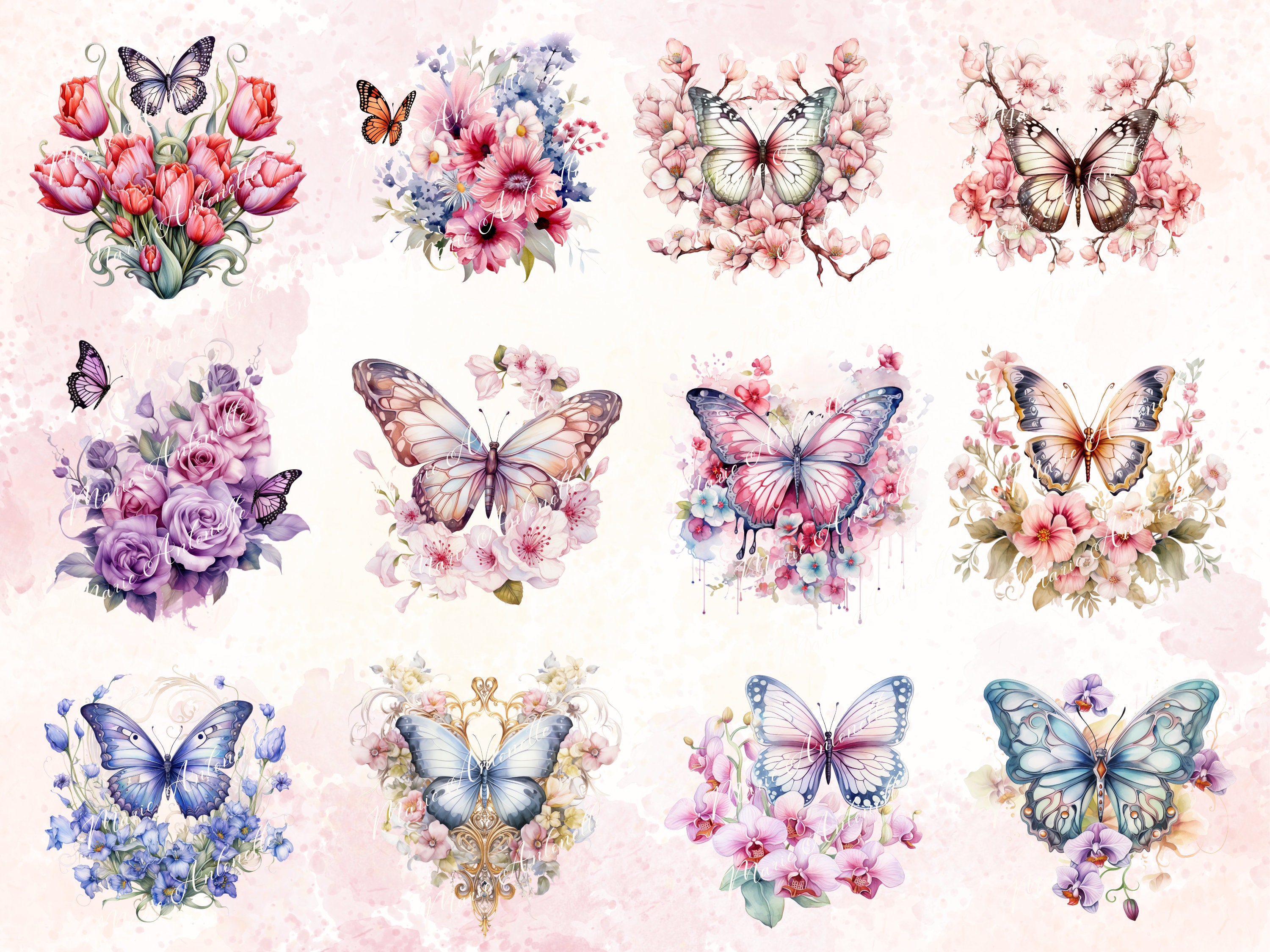 Butterfly Flowers Clipart Bundle, Pink and Purple Blues Watercolor ...