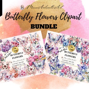Papillon fleurs Clipart Bundle, roses et violets bleus aquarelle fleurs, numérique Clipart Bundle, bordures d’invitation