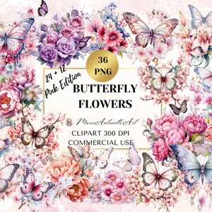Bundle de clipart aquarelle fleurs papillon rose, fleurs papillon, Bundle de cliparts numériques, cadres bordure florale rose