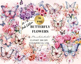 Pink Butterfly Flowers Watercolor ClipArt Bundle, Butterfly Florals, Digital Clipart Bundle, Pink Floral Border Frames