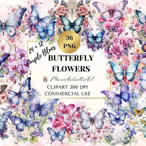 Purple Blues papillon fleurs aquarelle Clipart, fleurs papillon, bordures florales de mariage, paquet de cliparts numérique