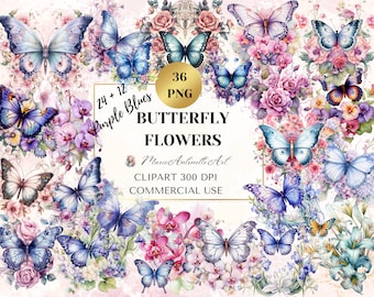 Purple Blues Butterfly Flowers Watercolor Clipart, Butterfly Florals, Wedding Floral Borders, Digital Clipart Bundle