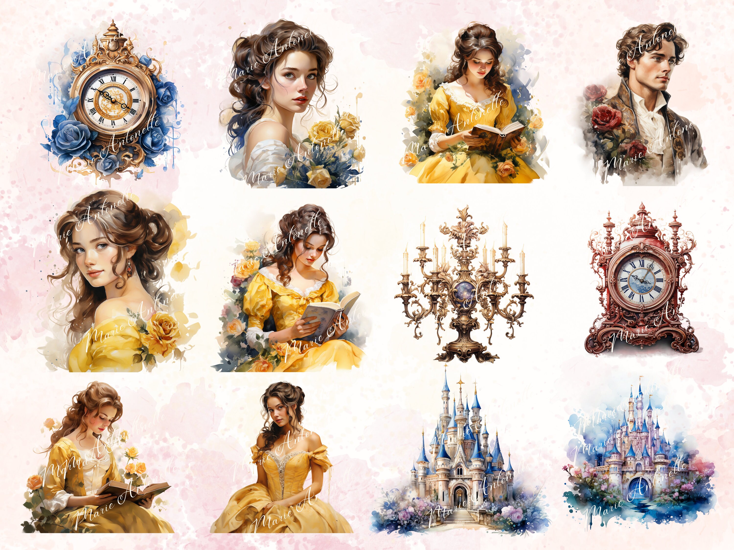 Beauty and the Beast Watercolor Clipart, Digital Clipart Bundle, Fairy ...