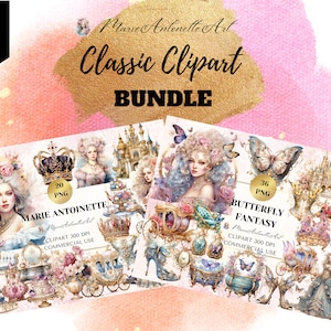 クラシック クリップアート バンドル、マリー アントワネットと蝶のファンタジー水彩クリップアート、デジタル クリップアート バンドル、デジタル印刷可能な PNG、ヴィンテージ