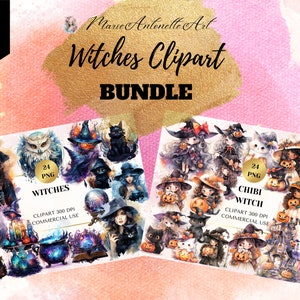 Paquete de imágenes prediseñadas de acuarela de brujas, imágenes prediseñadas de acuarela de bruja Chibi, imágenes prediseñadas de Halloween de bruja, imágenes prediseñadas de bruja linda, Kawaii, imprimible digital