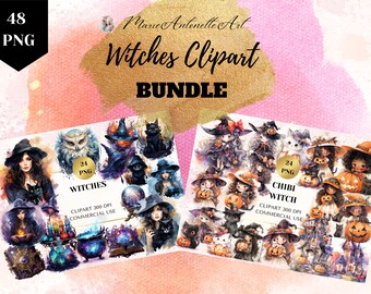 Witches Watercolor Clipart Bundle, Chibi Witch Watercolor Clipart, Witch Halloween Clipart, Cute Witch Clipart, Kawaii, Digital Printable