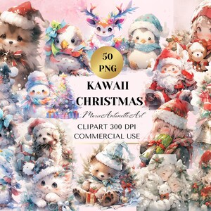 Kawaii Weihnachten Aquarell Clipart Bundle, süße Weihnachtstiere PNG, digitale Clipart Bundle, Weihnachten lädt ein