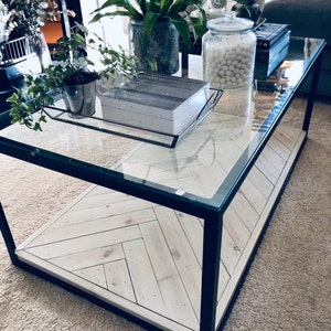 Made to measure, Industrial style glass top coffee table with a wood herringbone base