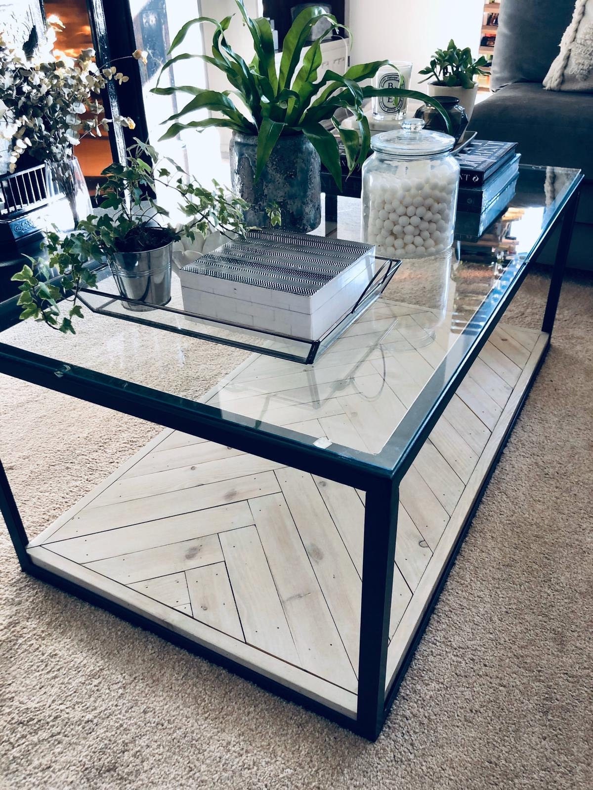 Made to Measure, Industrial Style Glass Top Coffee Table With a Wood ...