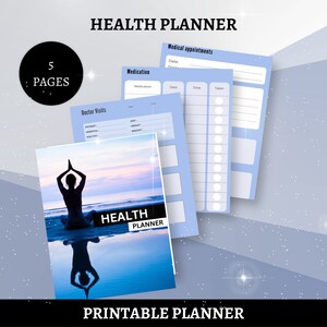 Op de afbeelding: Een printbare gezondheidsplanner met een blauw en wit ontwerp. De omslag toont een silhouet van een persoon die mediteert op een strand bij zonsondergang. De planner bevat secties voor doktersbezoeken, medicijnen en medische afspraken. De tekst "HEALTH PLANNER" staat op de omslag gedrukt.