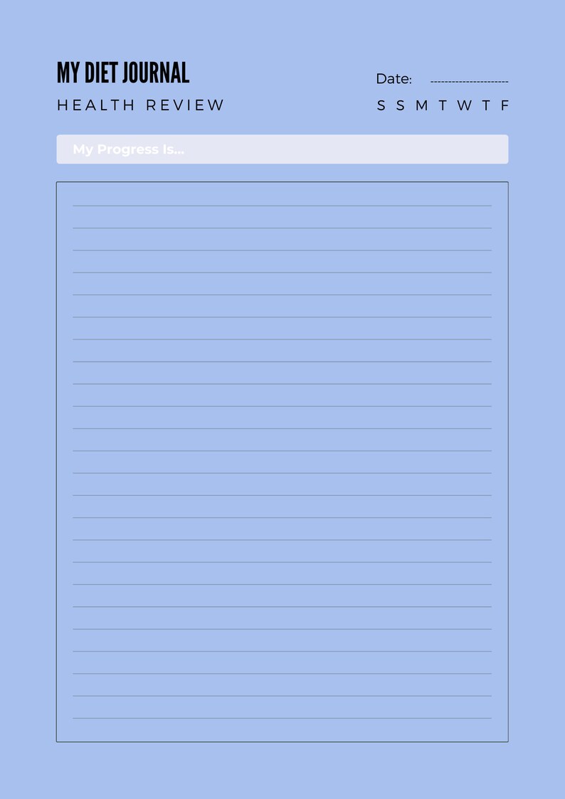 Op de afbeelding: Een lichtblauw, gestreept dagboek met de tekst "MY DIET JOURNAL" en "HEALTH REVIEW" bovenaan. Het dagboek heeft een sectie voor "My Progress Is..." en een kalender met de dagen van de week met de labels "S S M T W T F".