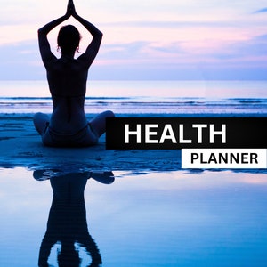Op de afbeelding: Silhouet van een persoon die mediteert op een strand bij zonsondergang, met de woorden "HEALTH PLANNER" op de voorgrond.
