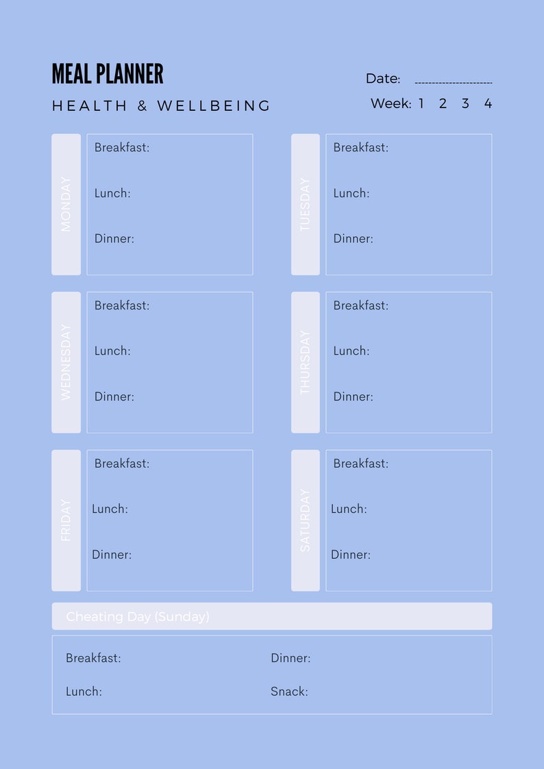 Op de afbeelding: Een lichtblauwe maaltijdplanner met een witte rand. De planner is verdeeld in secties voor elke dag van de week, met ruimte voor ontbijt, lunch en diner. Er is ook een sectie voor een "Cheating Day (zondag)" met ruimte voor ontbijt, lunch, diner en een snack.