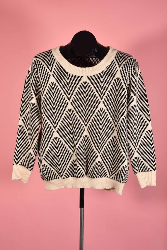 Vintage Hand Knit Cream & Black Geometric Oversize