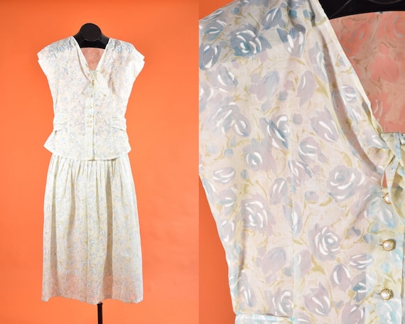 Blue & Cream Floral Two Piece Set 1980s does 1940s