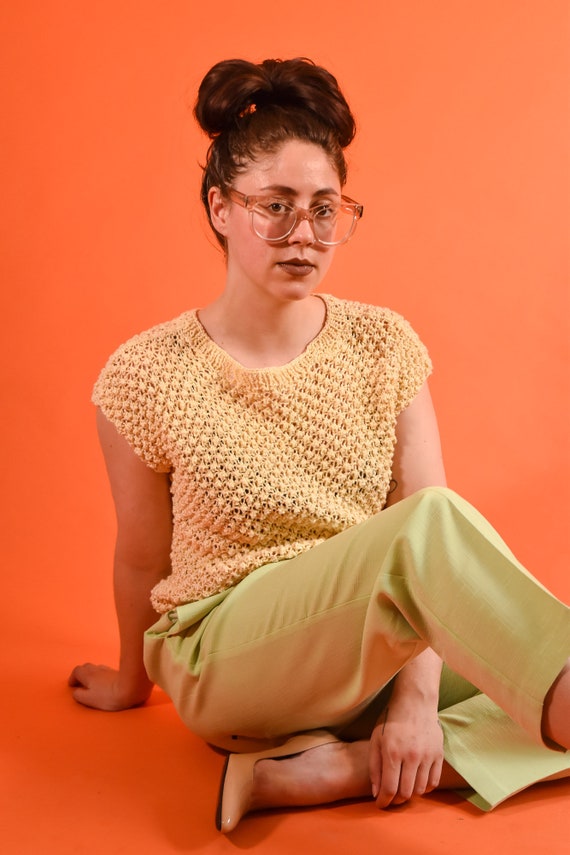 Vintage Hand Knit Crochet Pastel Yellow Tank Top S