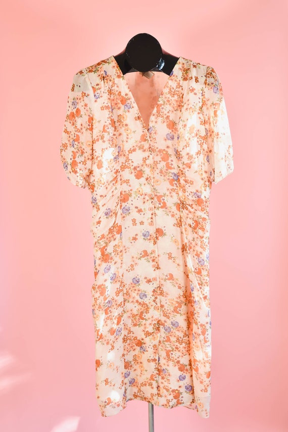 Vintage Pink Silk Floral Ruched Midi Dress Plus Si