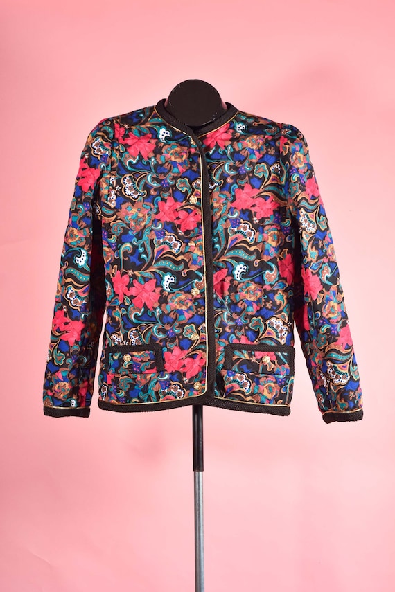Quilted Black & Pink Paisley 1980s Vintage Blazer