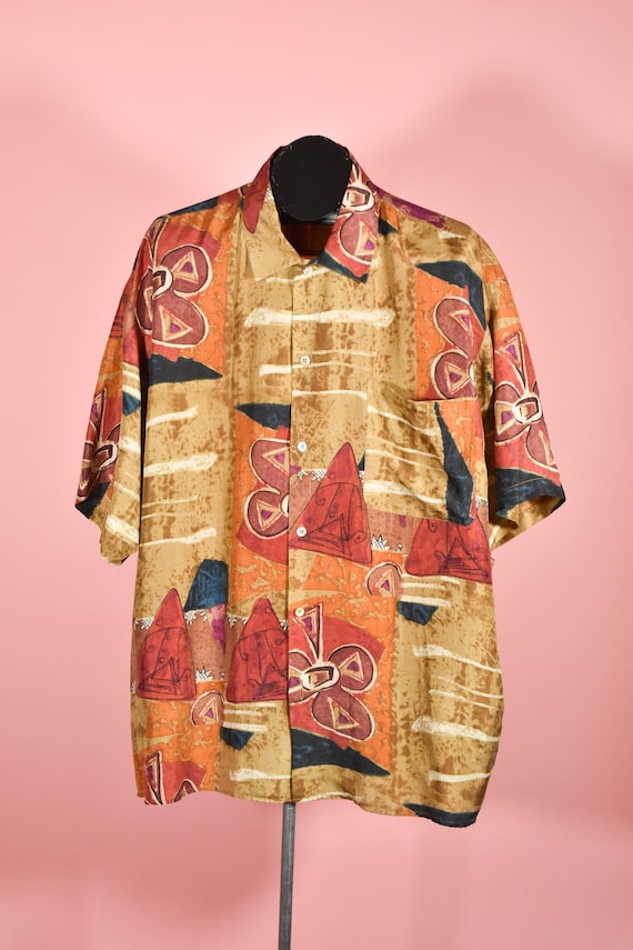 1980s 1990s Brown & Red Abstract 100% Silk Vintage
