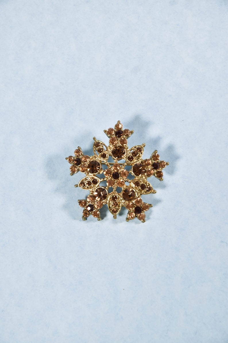 Vintage 1980s Gold Amber /& Brown Snowflake Brooch