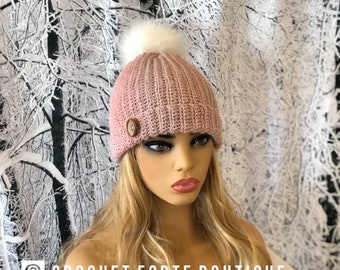 Woman's Crochet Winter Hat Pink & White