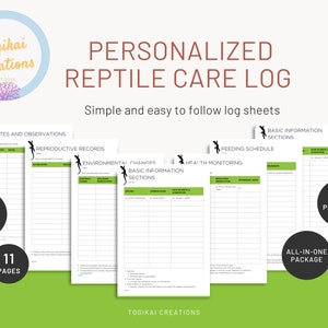 Op de afbeelding: Een printbaar reptielenverzorgingslogboek met 11 pagina's. Het logboek bevat secties voor basisinformatie, notities en observaties, voortplantingsregistraties, omgevingsveranderingen, voedingsschema en gezondheidsmonitoring. Het logboek is ontworpen om eenvoudig en gemakkelijk te volgen te zijn.