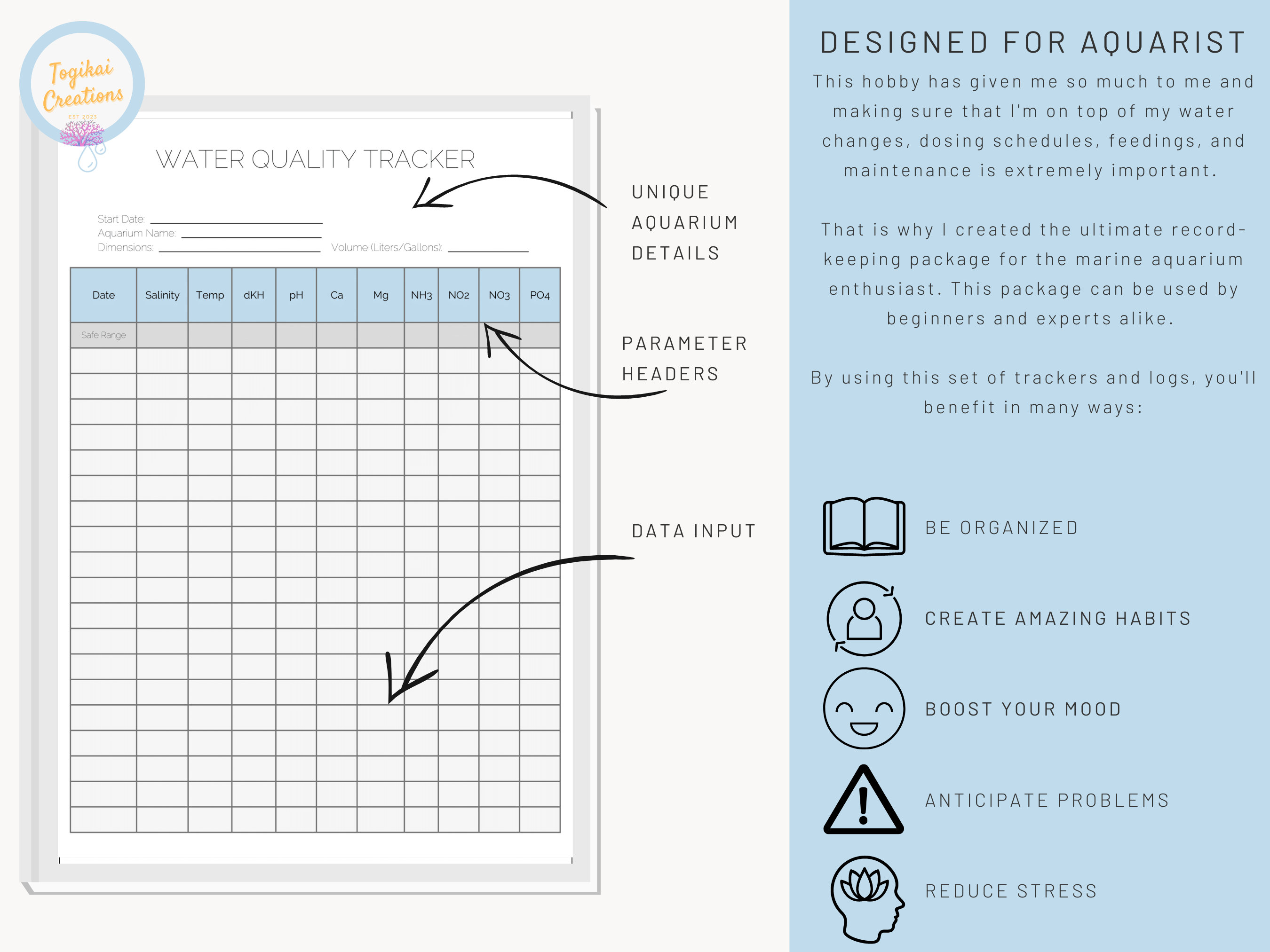 Image showcasing Saltwater Aquarium Maintenance Log Book: Reef Health Tracker (PDF) - Etsy