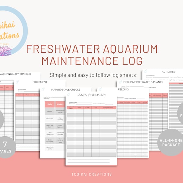 Aquarium Maintenance Log Book, Freshwater Tank, PDF, Fish Maintenance Log, Fish Care Book, Reef Health Log book