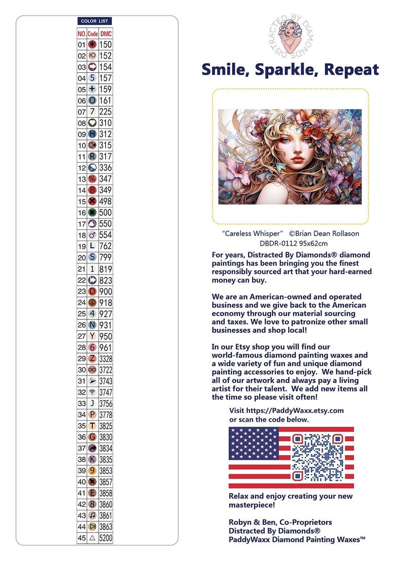 May include: An advertisement for Distracted By Diamonds&reg; diamond painting waxes. The image shows a portrait of a woman with floral hair, with the text "Smile, Sparkle, Repeat". The painting is 95x62cm.