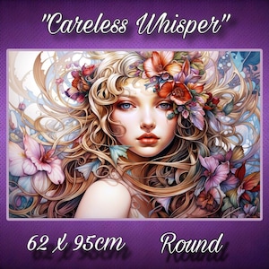 May include: A round artwork depicting a woman with flowing blonde hair and blue eyes, decorated with flowers. The artwork is titled "Careless Whisper" and measures 62 x 95cm.